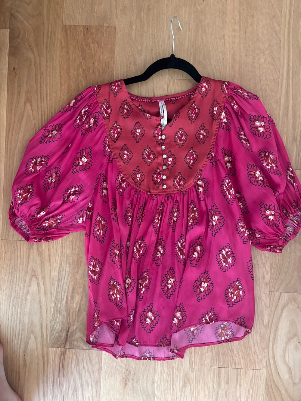 Anthropologie Fuchsia Printed Peasant Blouse with Button Yoke